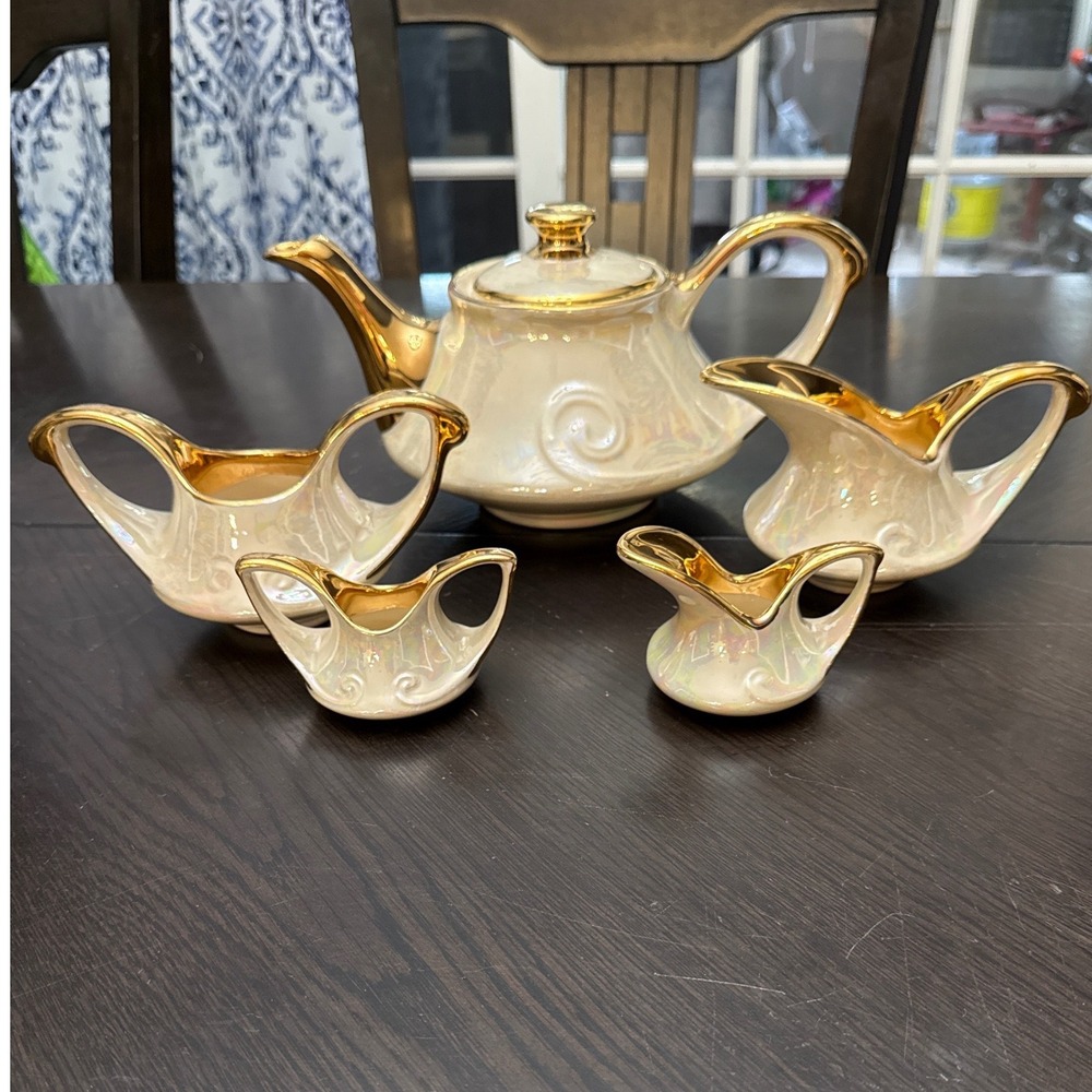Pearl China Co Iridescent Lusterware Tea Set 22KT Gold Trim 5 Piece Vintage